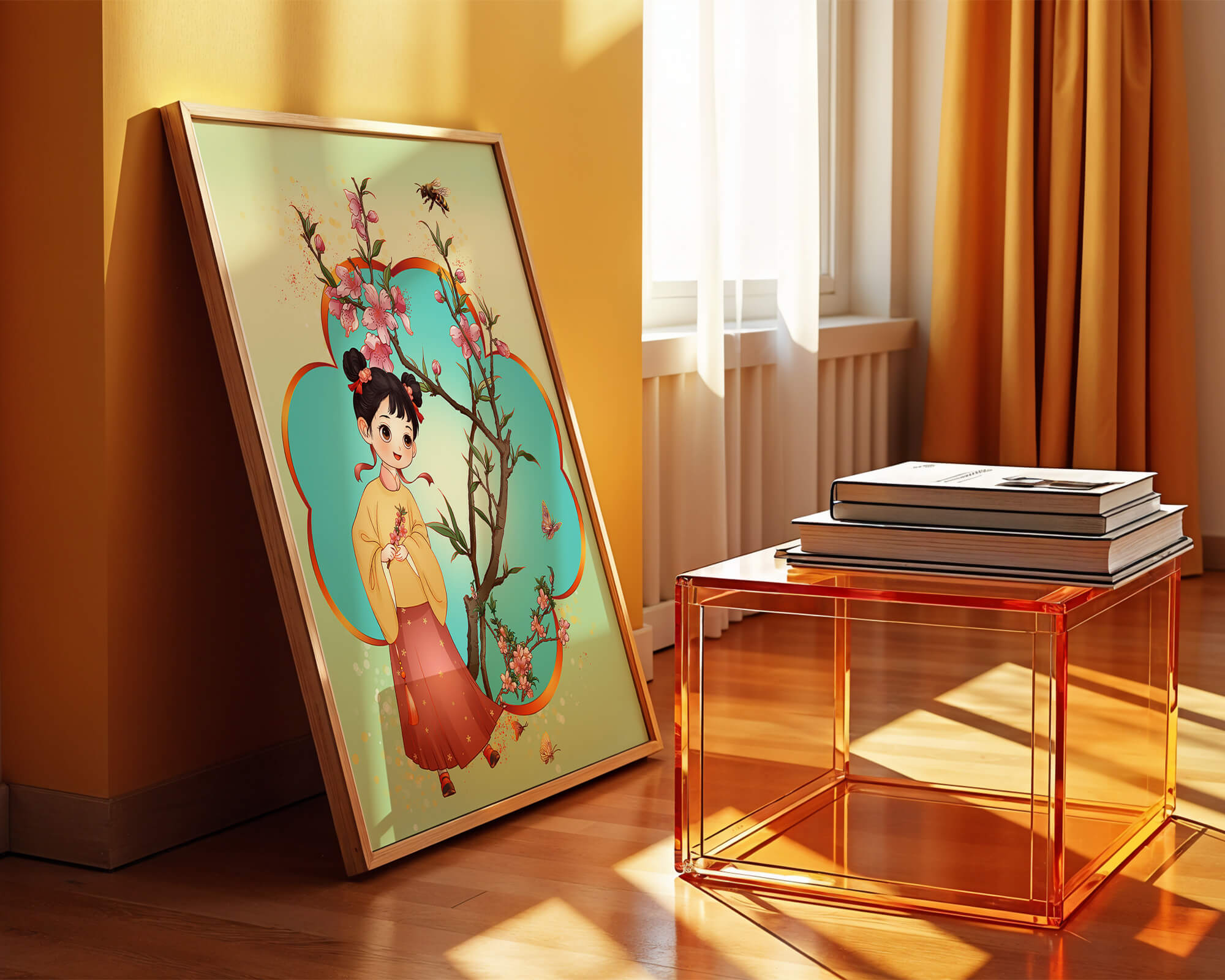 Illustration of a girl with cherry blossoms and butterflies