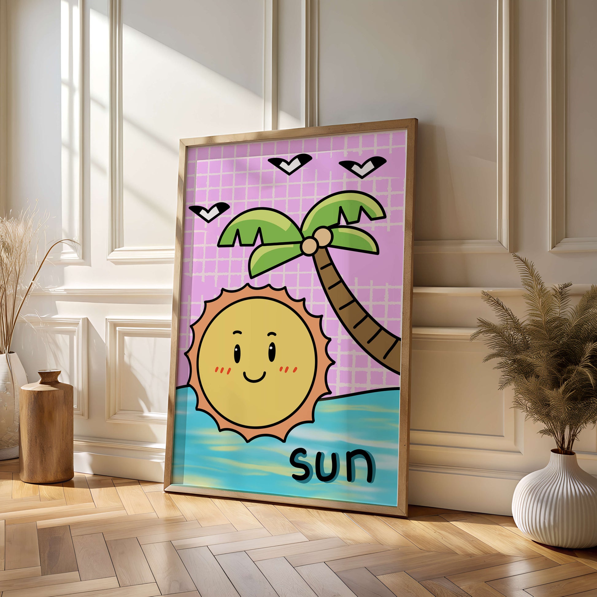 Cartoon sun with palm tree and ocean scene