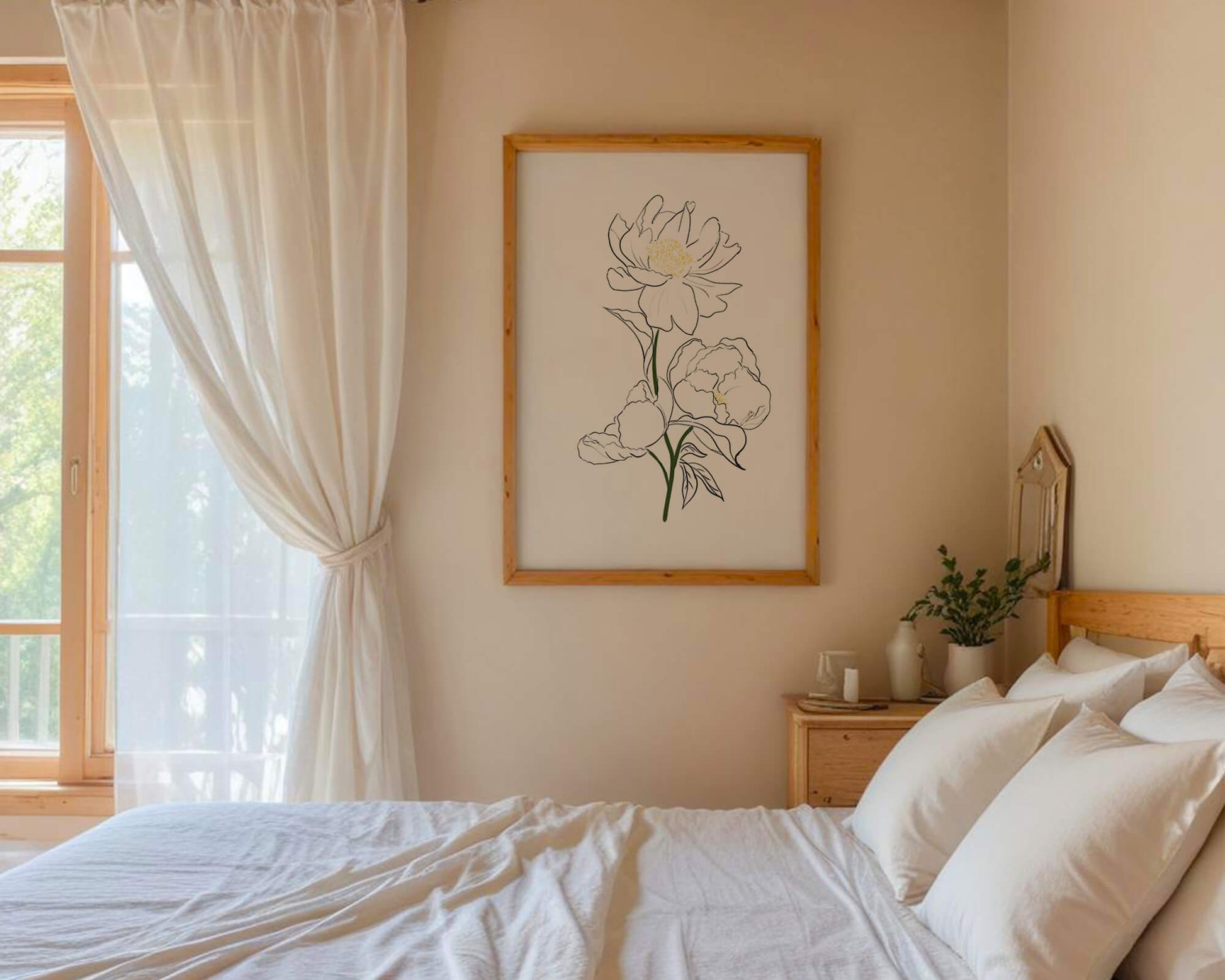 Elegante Pfingstrosen-Linienkunst mit goldenen Akzenten