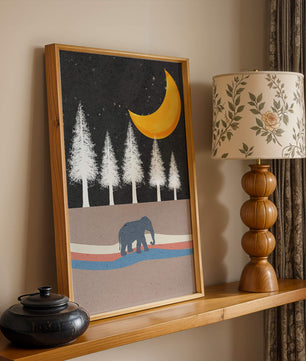 Serene Night Scene with Elephant Under Golden Moon in Forest - Mi tienda