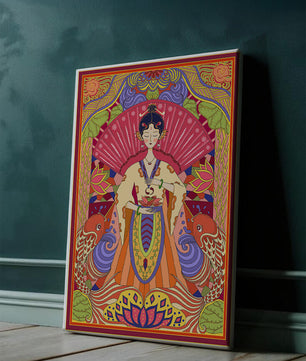 Ilustración oriental colorida con motivos de peces koi y loto