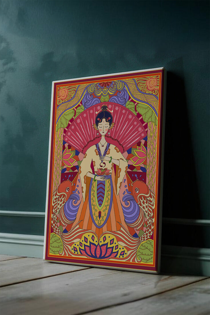 Ilustración oriental colorida con motivos de peces koi y loto