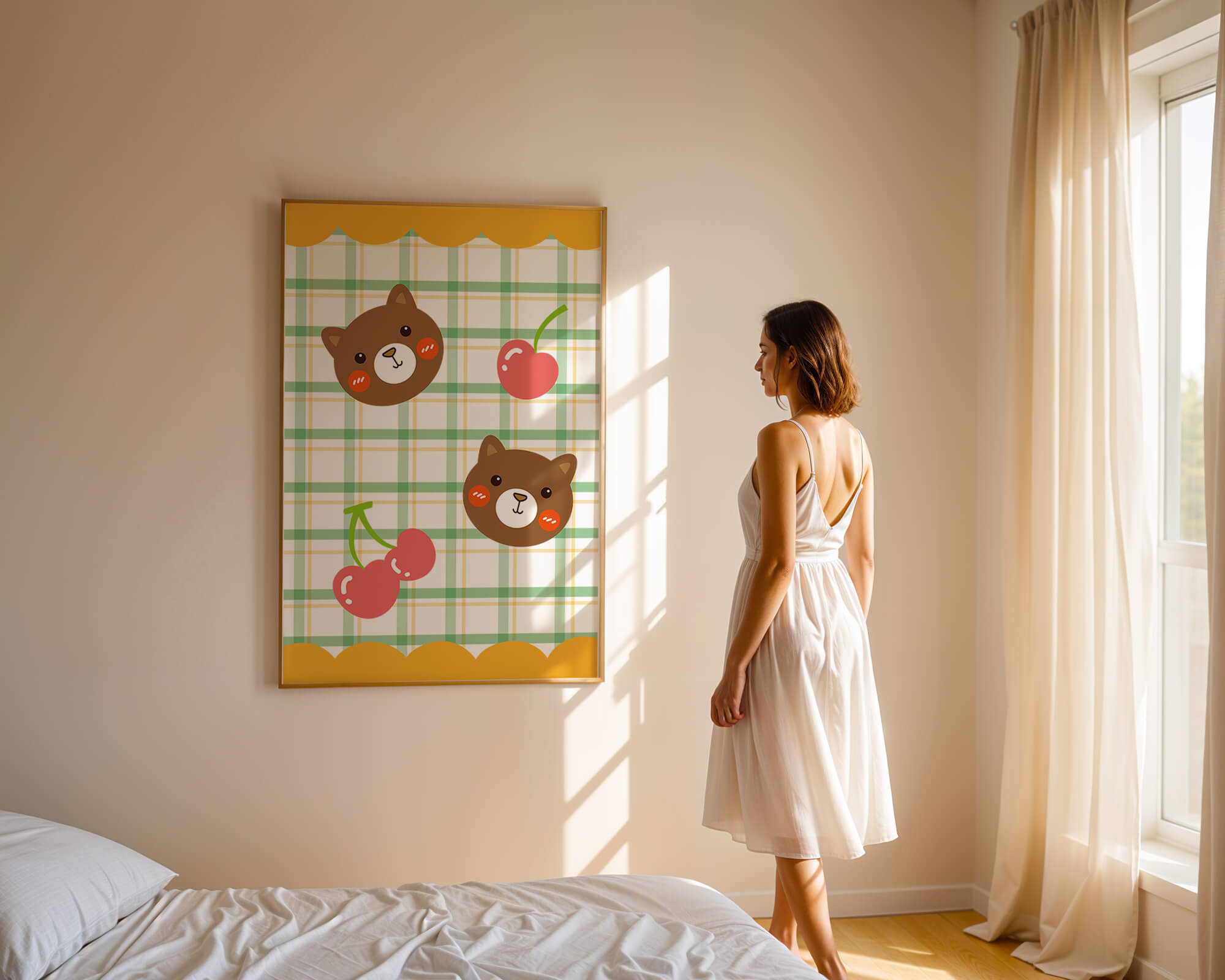 Playful bear and cherry pattern with plaid background