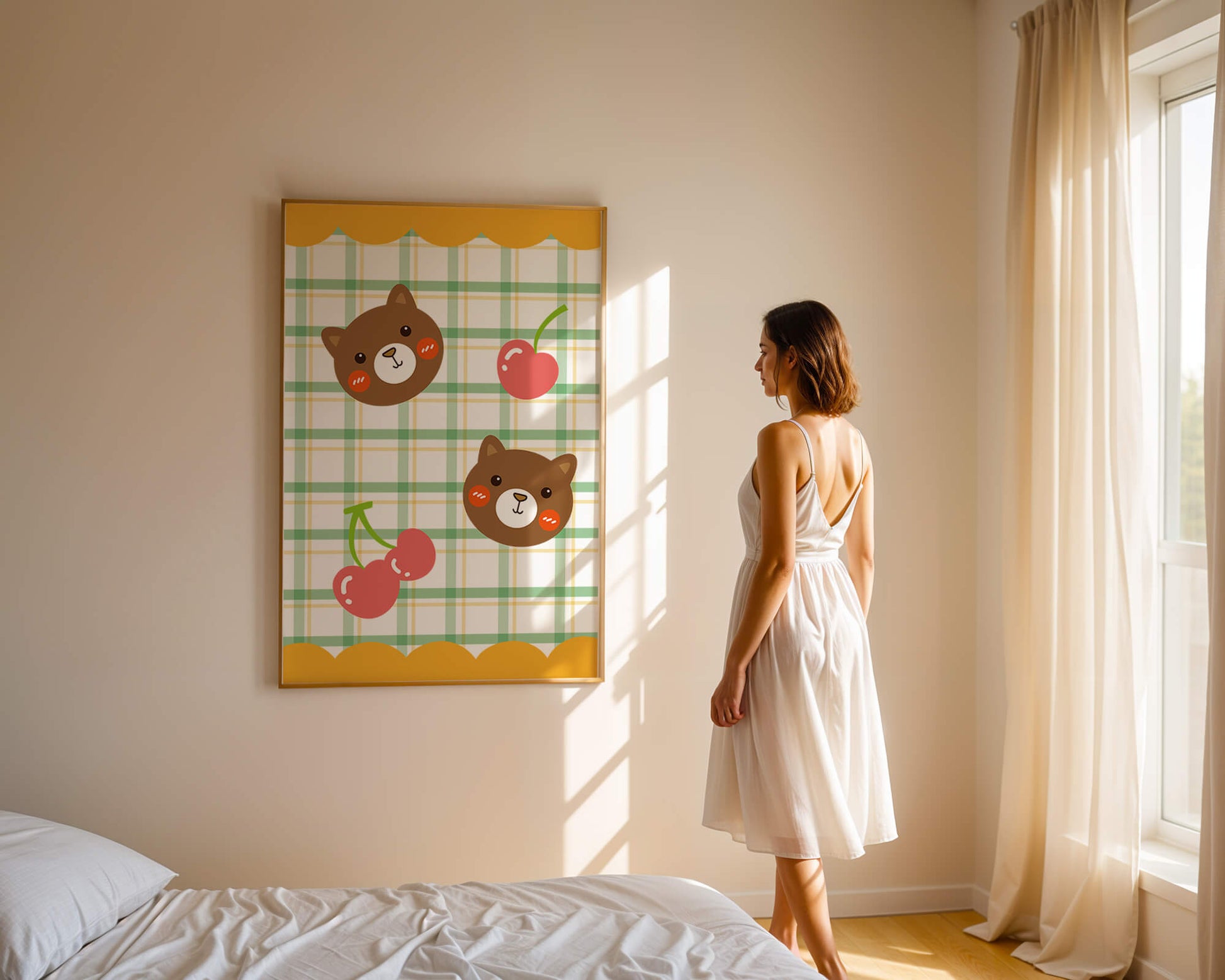 Playful bear and cherry pattern with plaid background