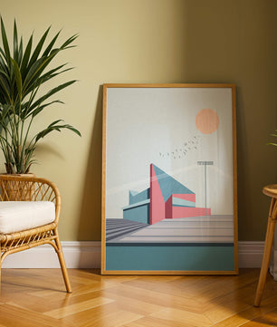 Ilustración arquitectónica moderna con diseño geométrico y atardecer