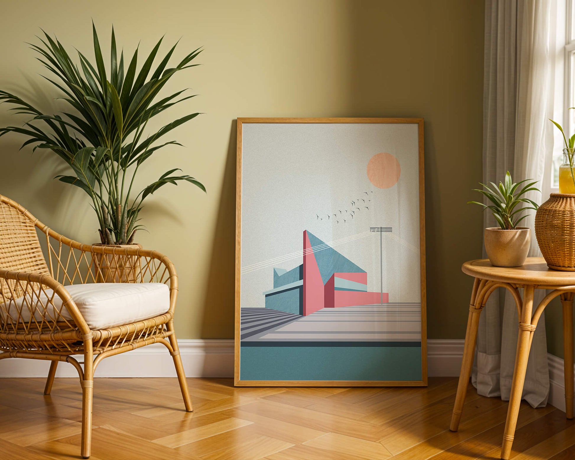 Ilustración arquitectónica moderna con diseño geométrico y atardecer
