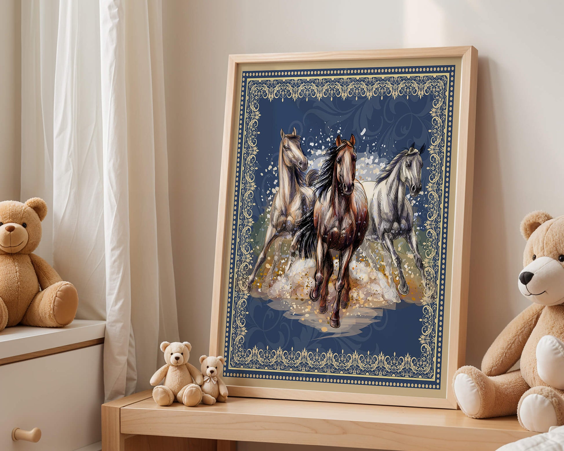 Running horses framed with elegant golden border on a blue background