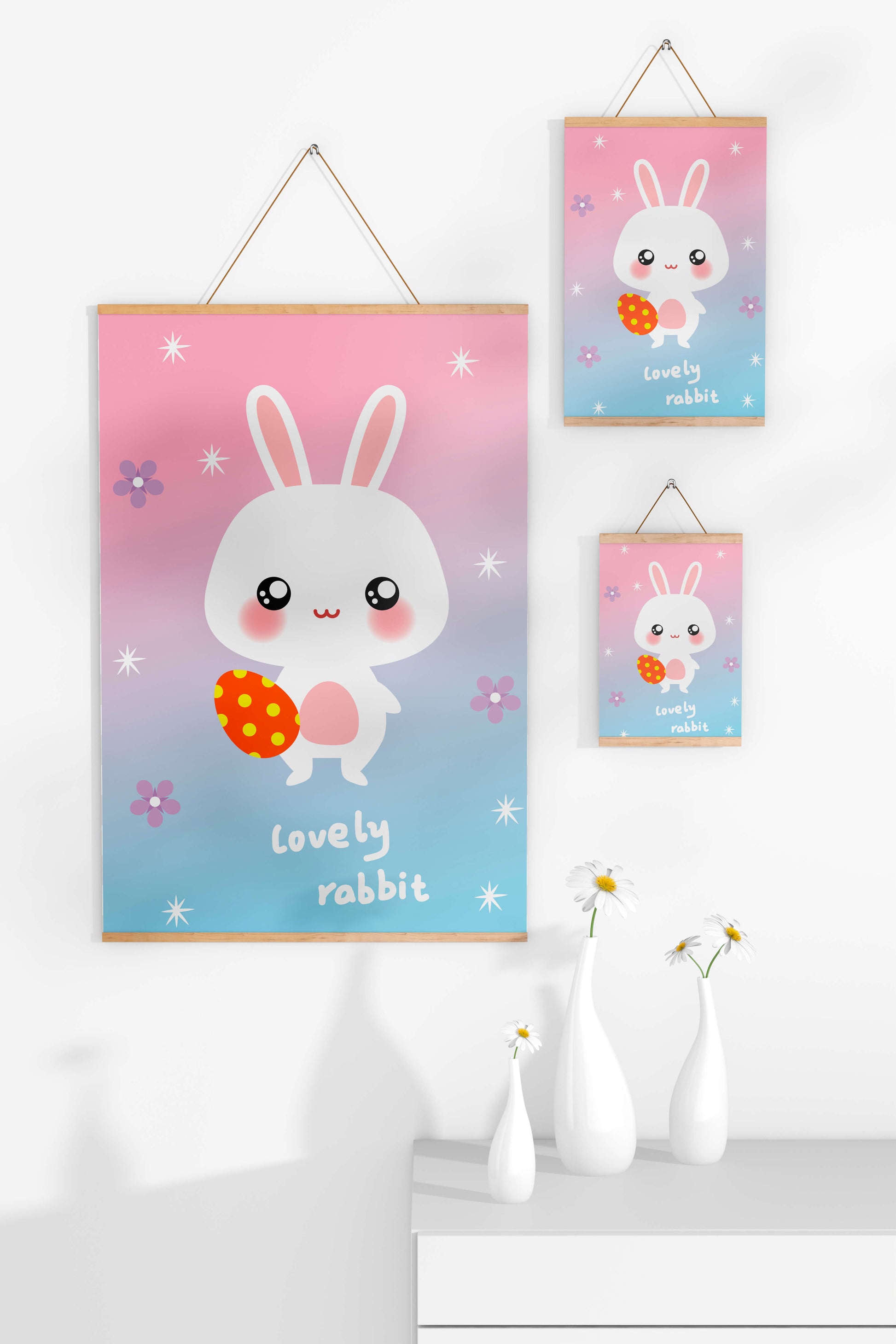 Adorable rabbit illustration with a colorful egg on a pastel background