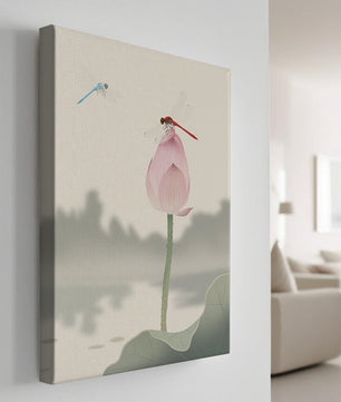 Dragonflies on a Lotus Bud with Serene Landscape