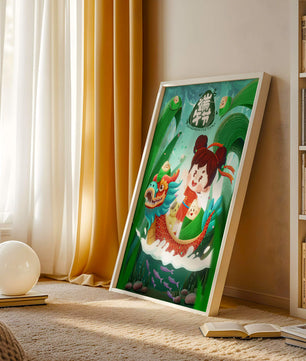 Illustration de la fête des bateaux-dragons avec un enfant et un bateau-dragon