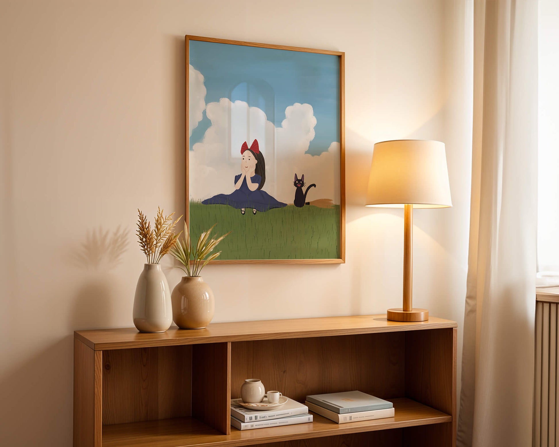 Girl with Red Bow and Cat in Lush Green Meadow