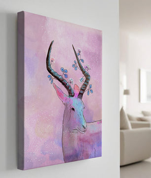 Pastel watercolor illustration of antelope with floral horns