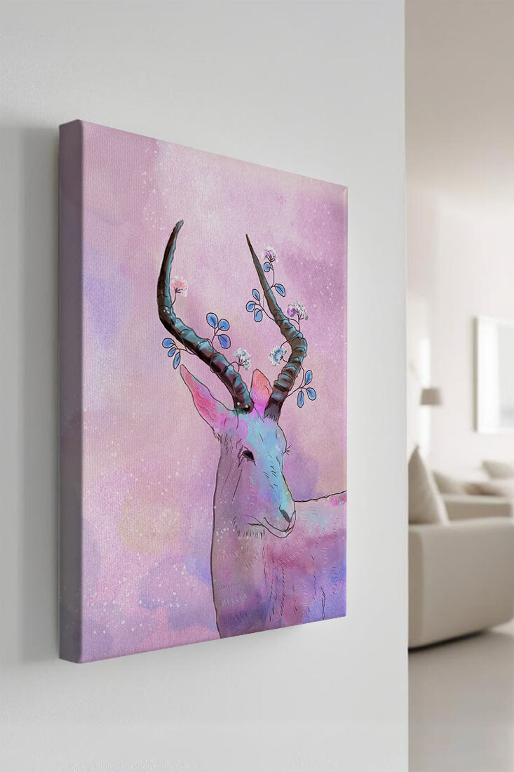 Pastel watercolor illustration of antelope with floral horns