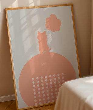 Katzensilhouette mit Ballon auf minimalistischem Kreishintergrund