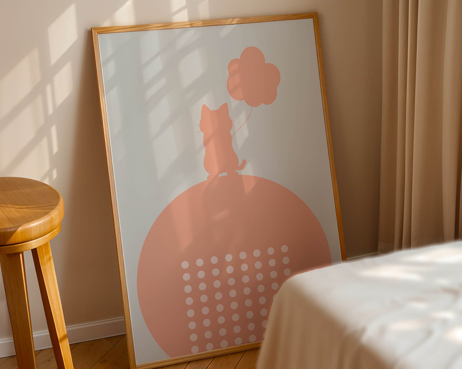 Cat Silhouette with Balloon on Minimalist Circle Background