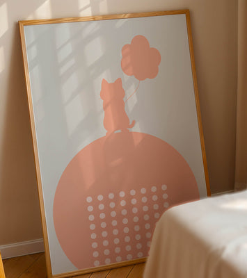 Cat Silhouette with Balloon on Minimalist Circle Background