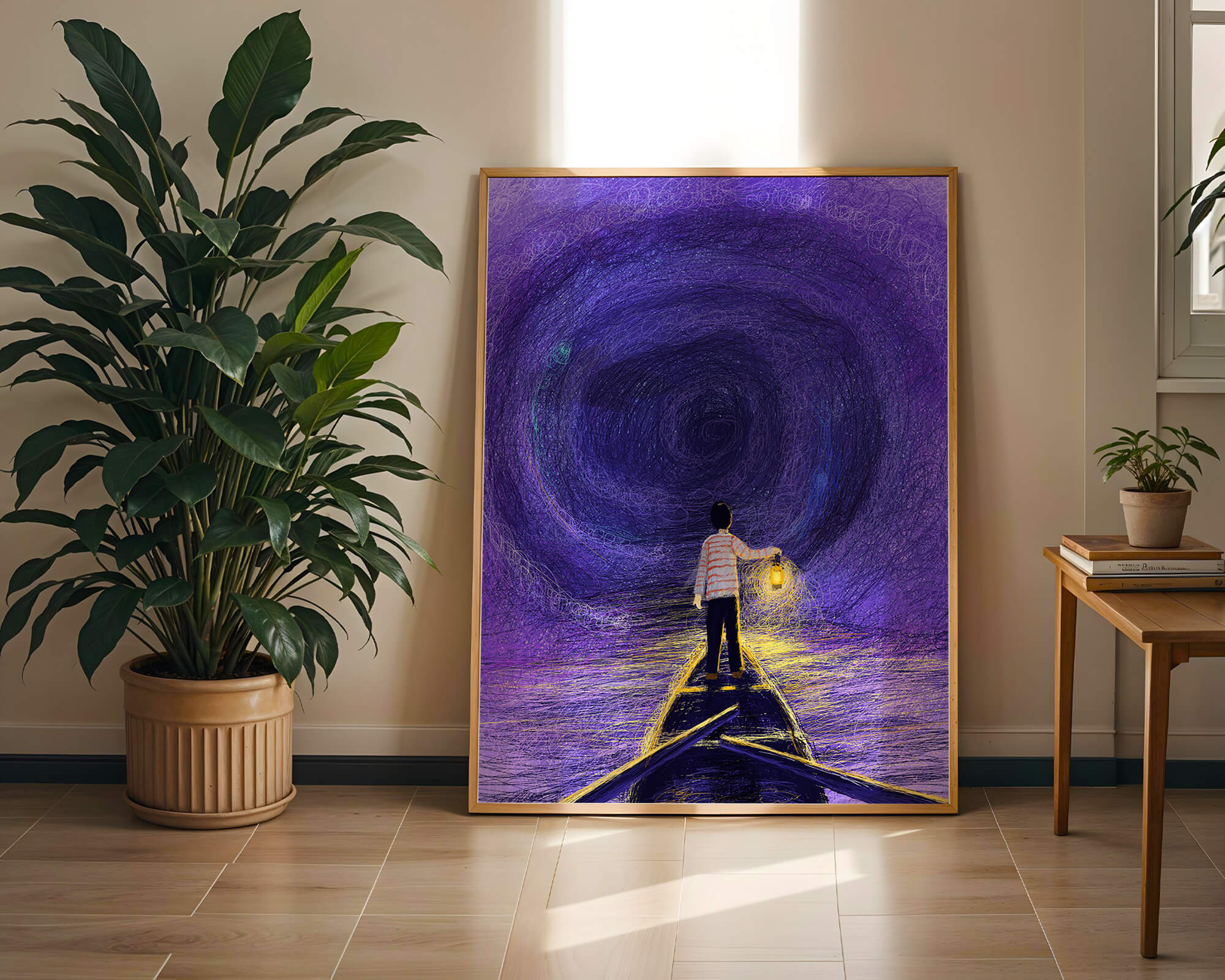 A boy holding a lantern on a boat in a swirling purple vortex