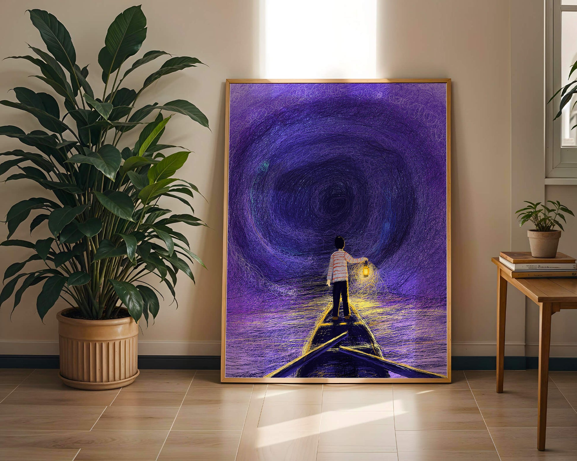 A boy holding a lantern on a boat in a swirling purple vortex