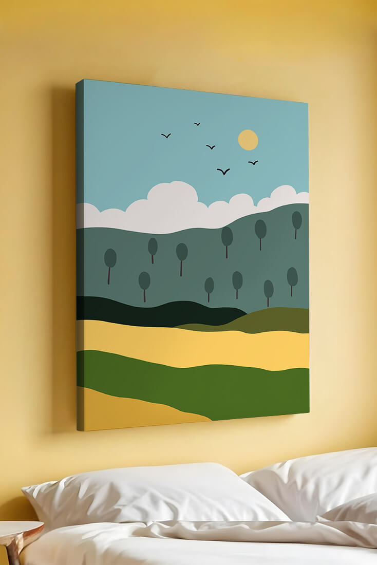 Minimalist Landscape with Hills and Sun