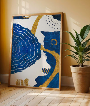 Abstract blue and gold textured artwork with wave patterns