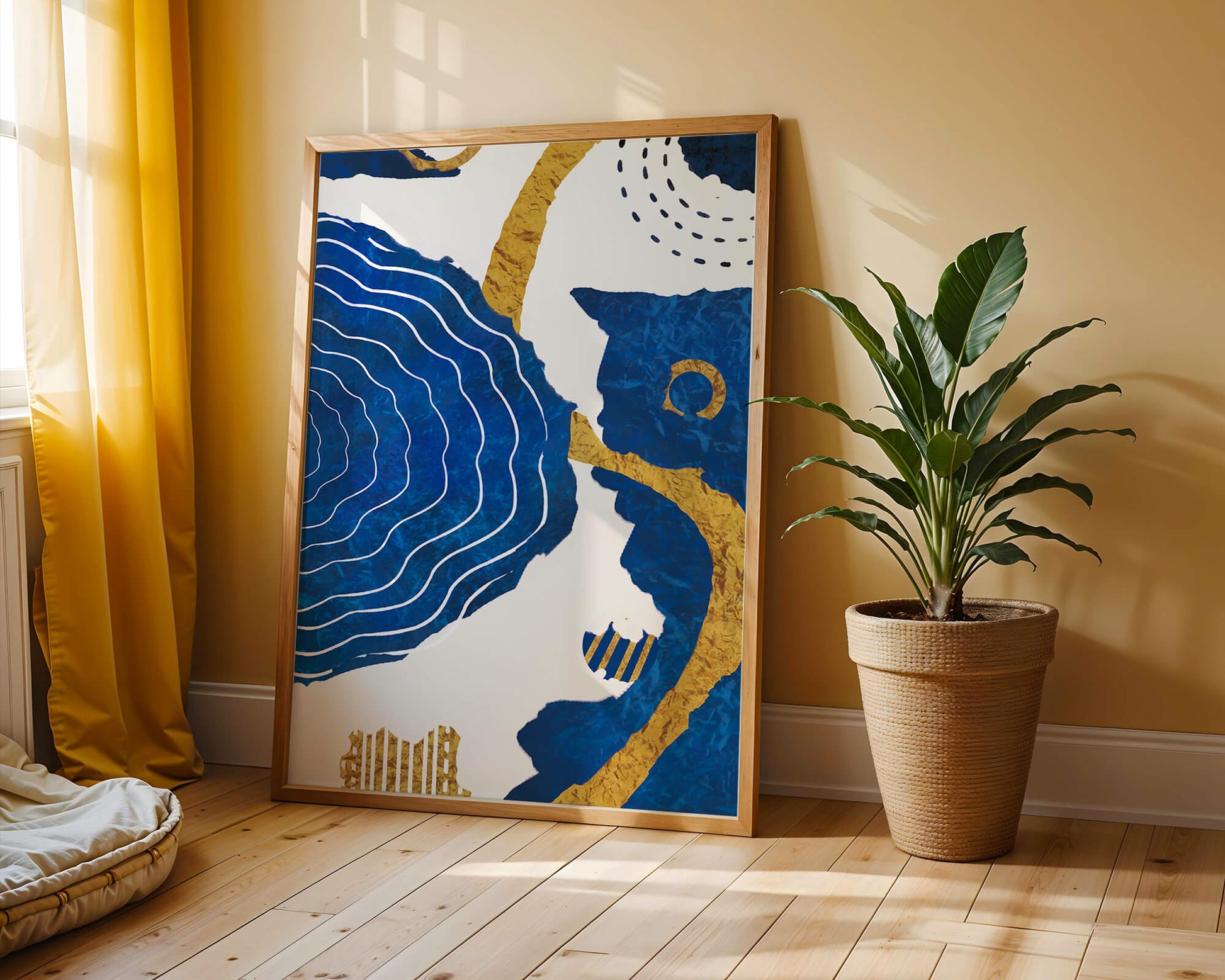 Abstract blue and gold textured artwork with wave patterns