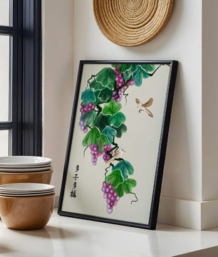 Watercolor grapevine and birds illustration with traditional art style