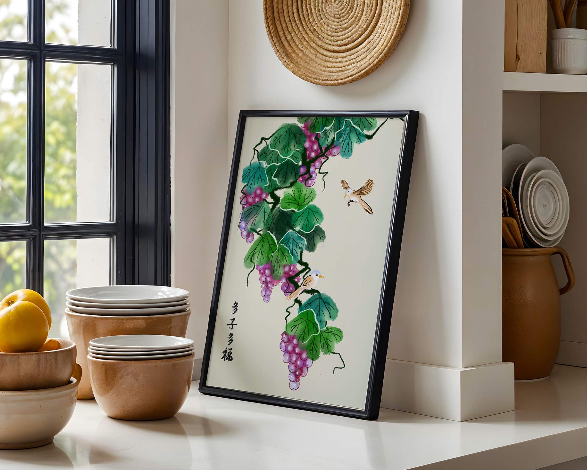 Watercolor grapevine and birds illustration with traditional art style