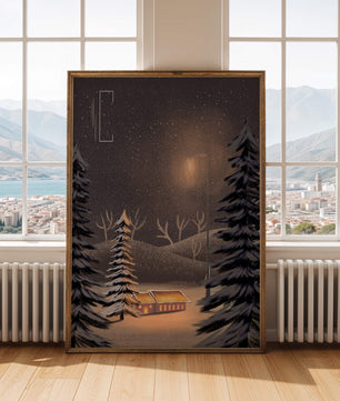 Escena nocturna nevada con cabaña y árboles