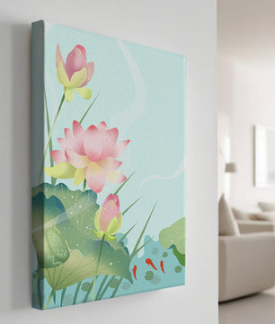 Loteo de flores de loto ilustrativas con hojas y peces koi en un estanque sereno