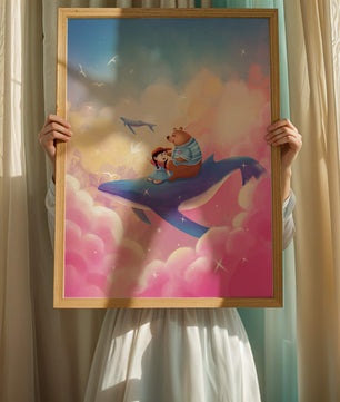 Fantasy illustration of girl and bear riding a whale through colorful clouds