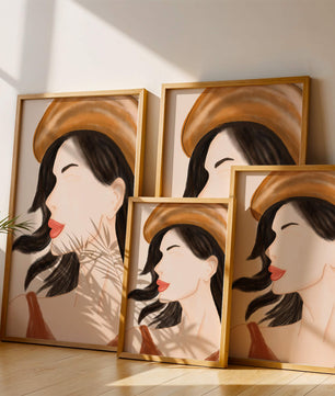 Stylized portrait of a woman in a hat with flowing hair