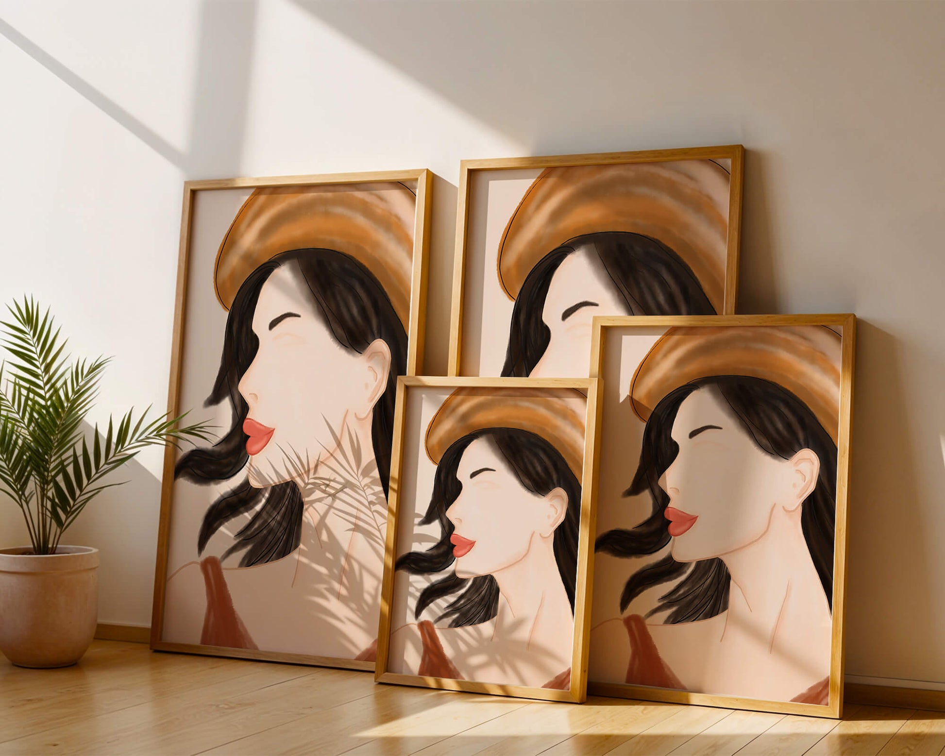 Stylized portrait of a woman in a hat with flowing hair