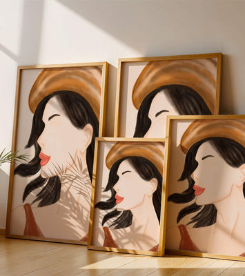 Stylized portrait of a woman in a hat with flowing hair