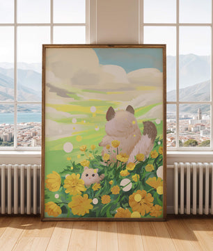 Whimsical Scene of Fluffy Cat and Kitten Among Yellow Flowers