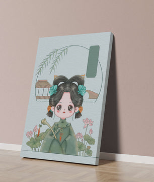 Charming illustration of a cute character in traditional Asian attire with floral elements