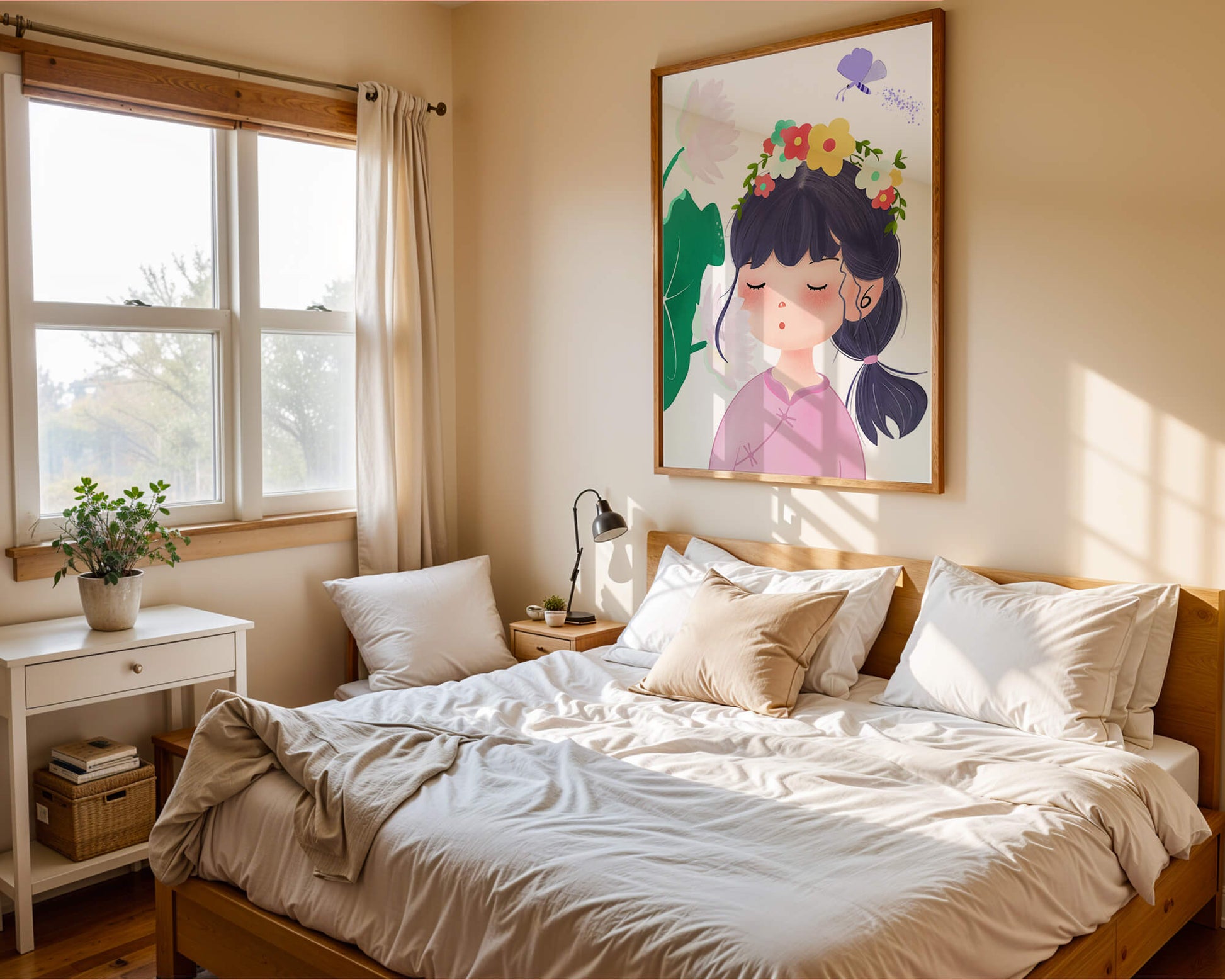 Whimsical illustration of a girl with a flower crown and butterfly