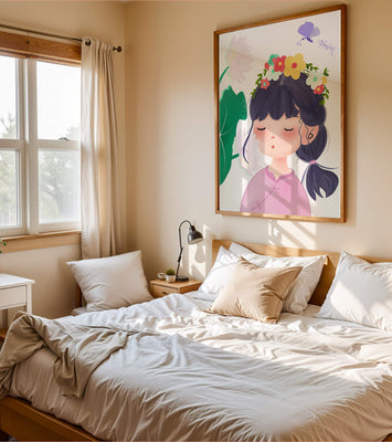 Whimsical illustration of a girl with a flower crown and butterfly