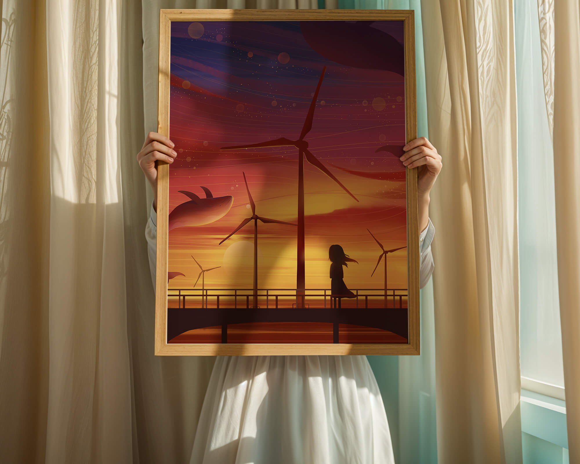 Enchanting sunset scene with wind turbines and silhouette of a girl