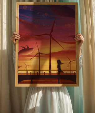 Enchanting sunset scene with wind turbines and silhouette of a girl
