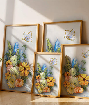 Floral and crystal arrangement with golden butterfly