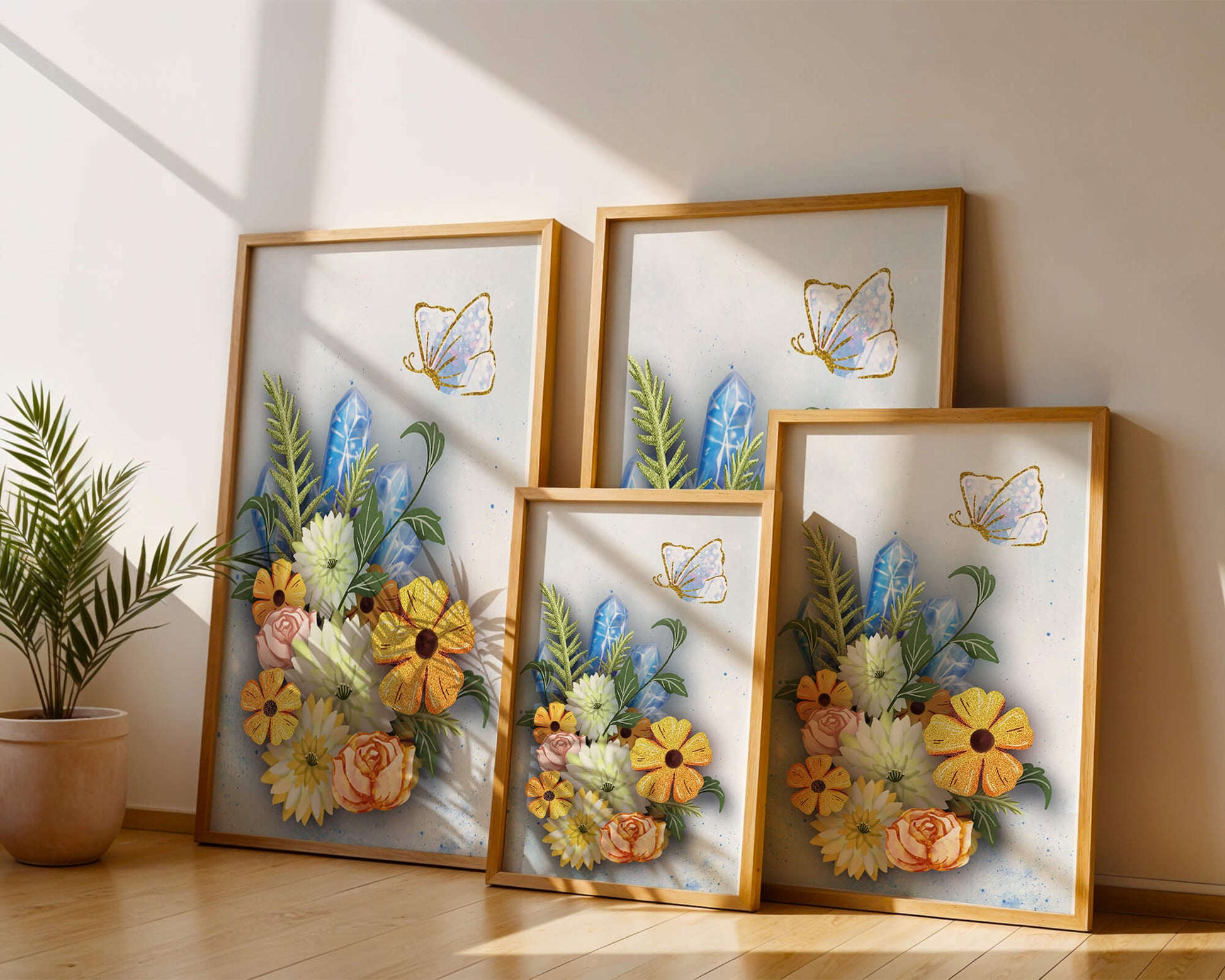 Floral and crystal arrangement with golden butterfly