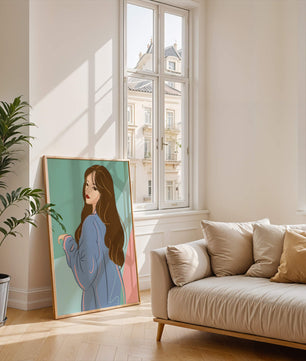 Illustration of woman with long hair and blue jacket