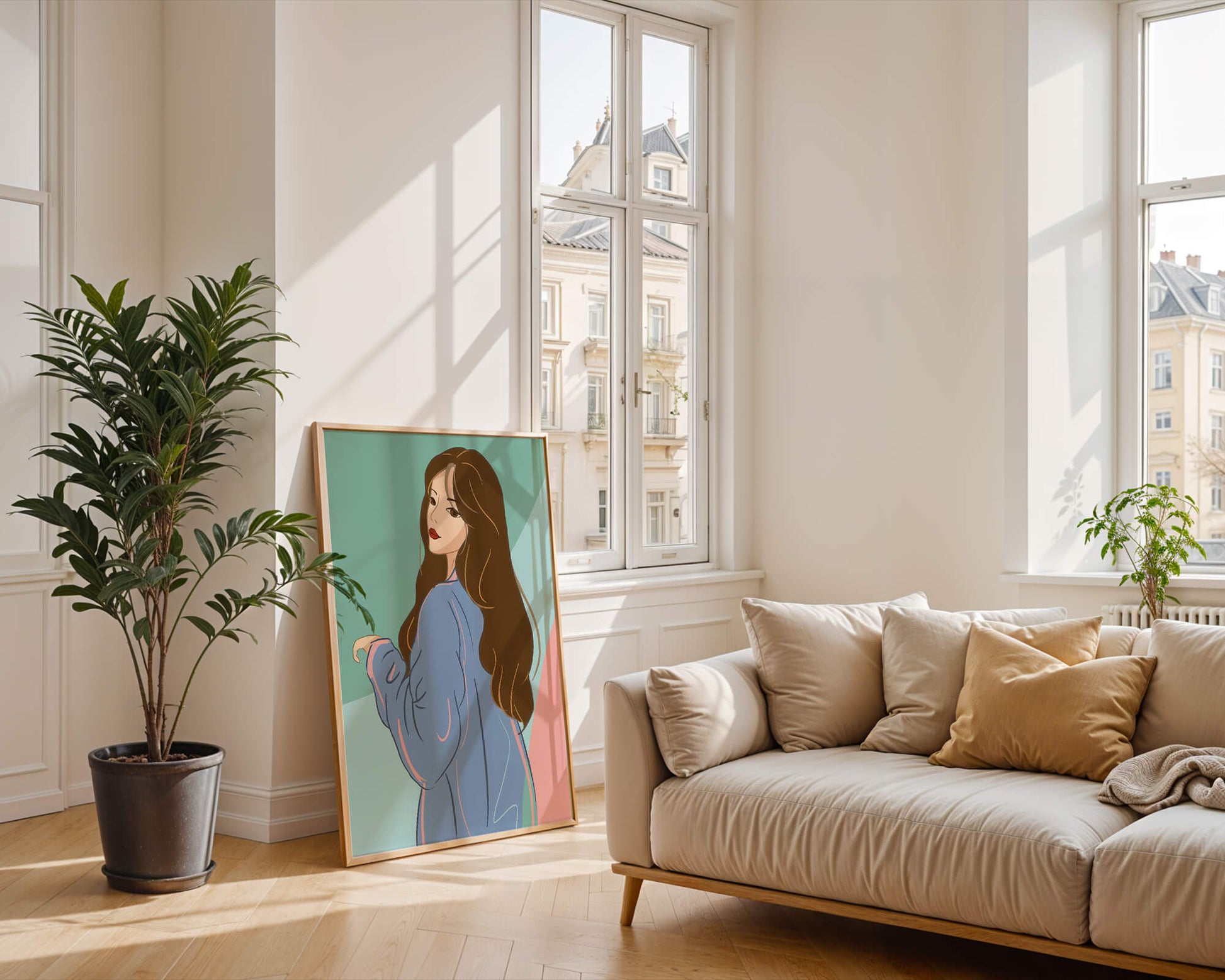 Illustration of woman with long hair and blue jacket
