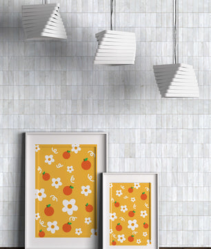 Playful floral and fruity pattern on a vibrant yellow background