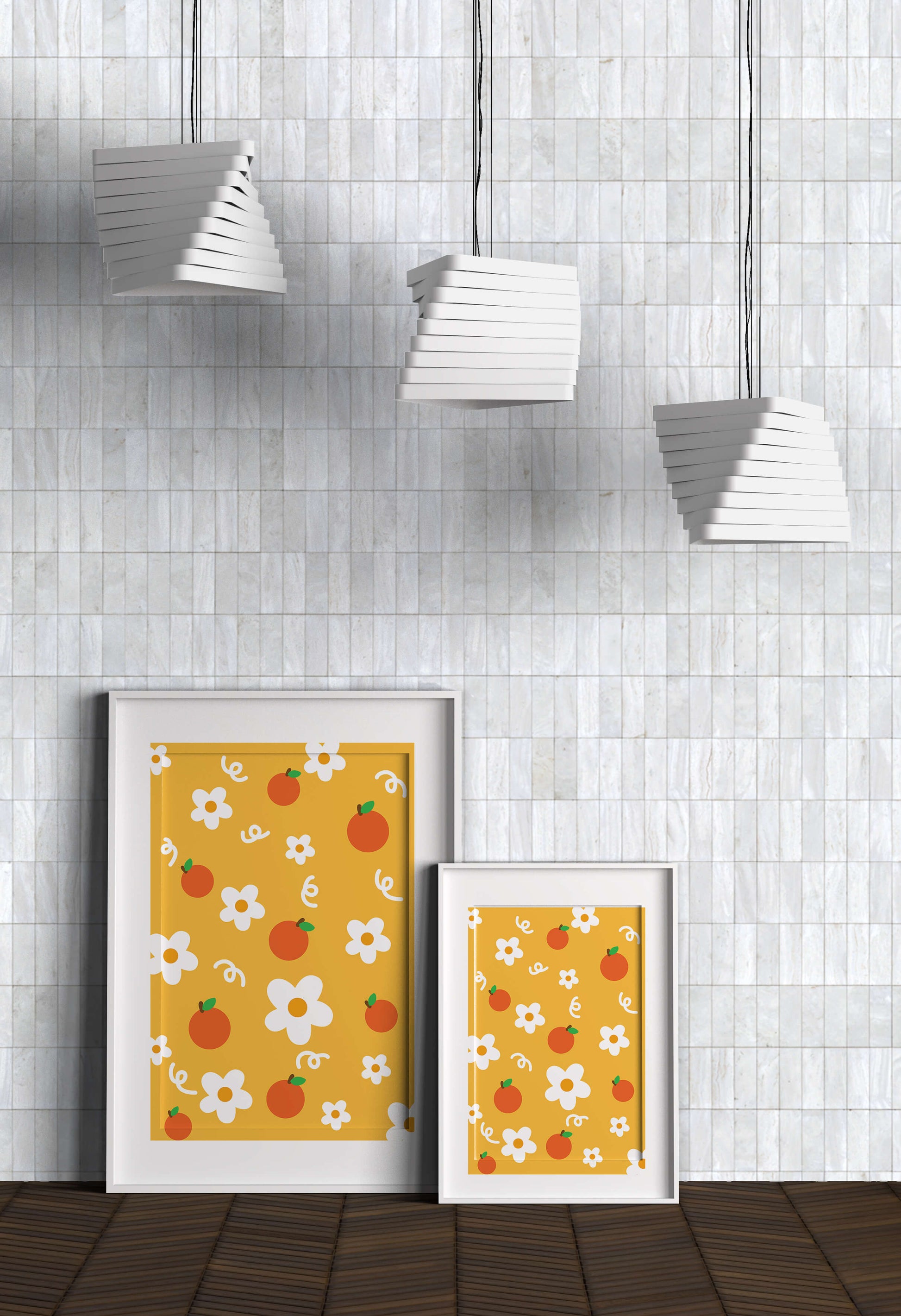 Playful floral and fruity pattern on a vibrant yellow background