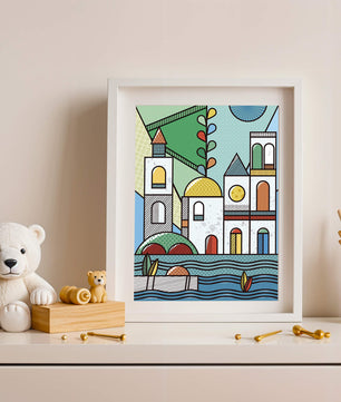 Paysage urbain géométrique coloré avec des éléments architecturaux modernes