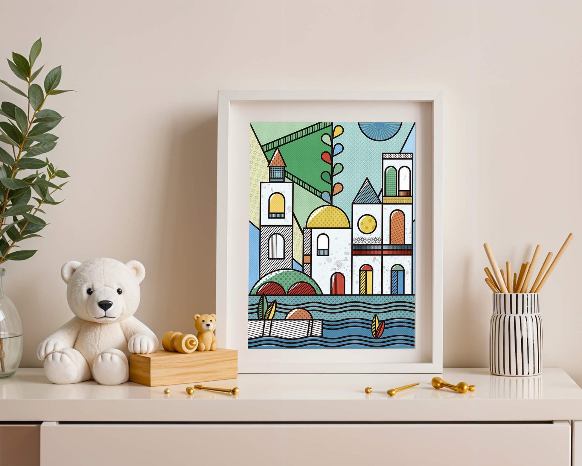 Paysage urbain géométrique coloré avec des éléments architecturaux modernes