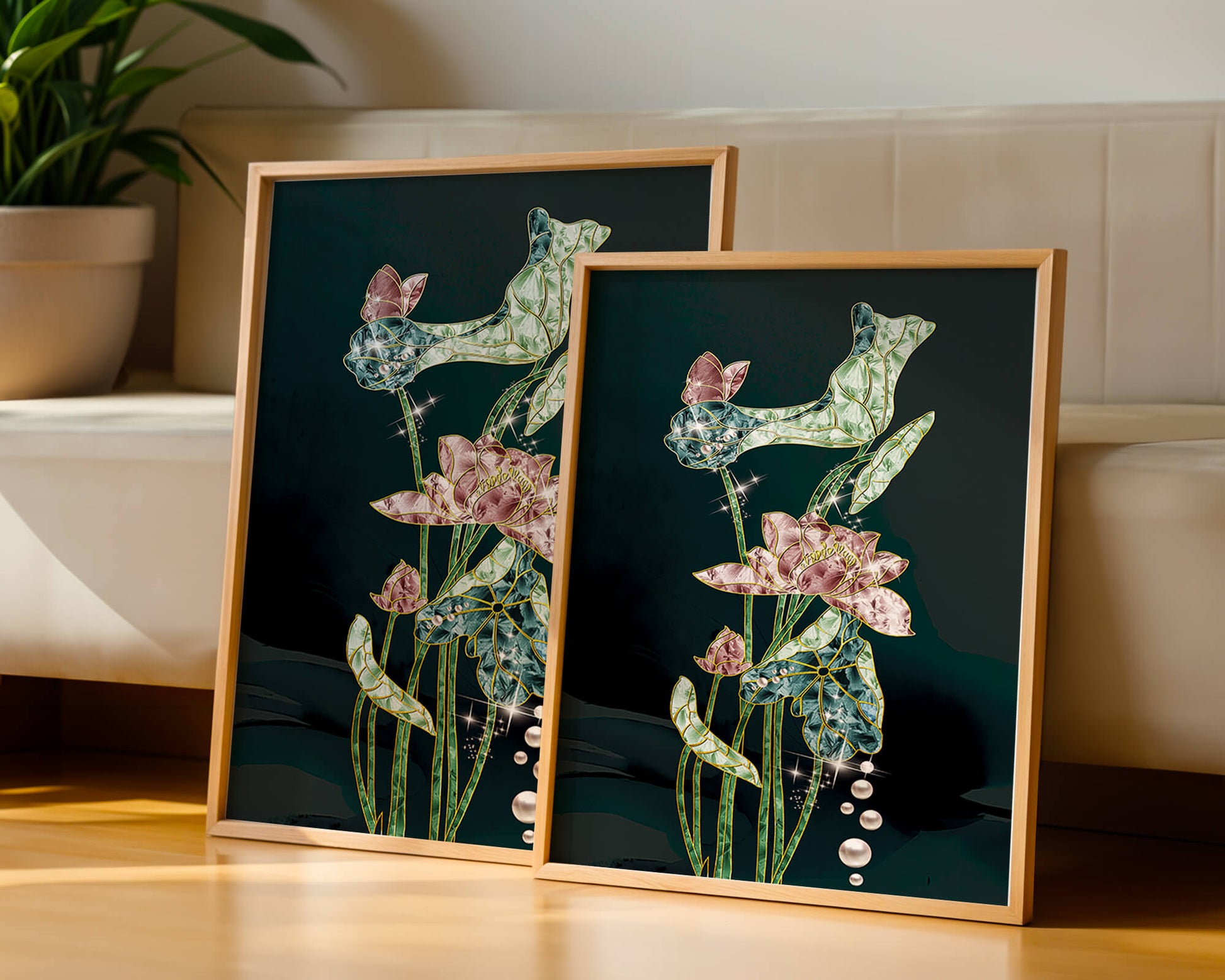 Floral Lotus Design with Gold Accents and Dew Drops