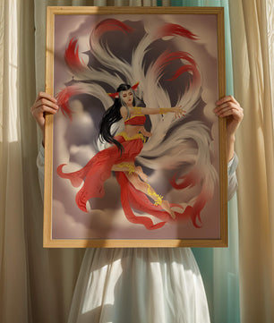 Graceful fantasy fox spirit with flowing tails and red attire in mystical clouds