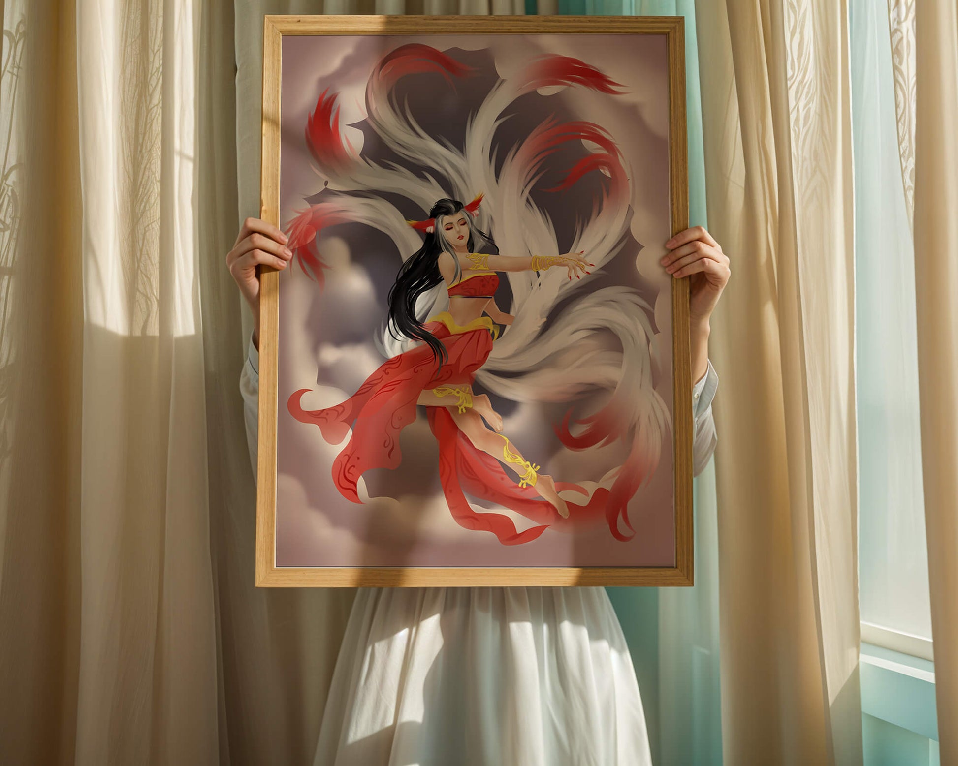 Graceful fantasy fox spirit with flowing tails and red attire in mystical clouds